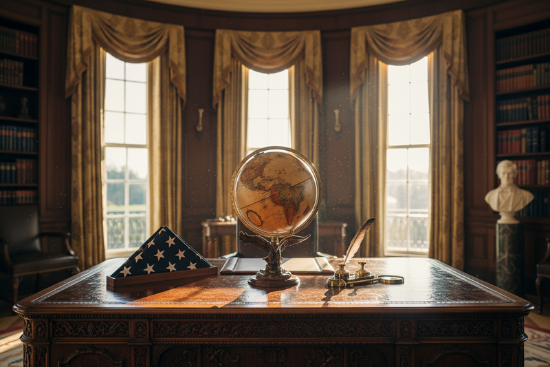 The signature Freedom Globe featuring antique ocean cartography and a solid wood base, displayed on a sunlit presidential executive desk to represent the premium American-designed world globes available at GlobeStore.com.