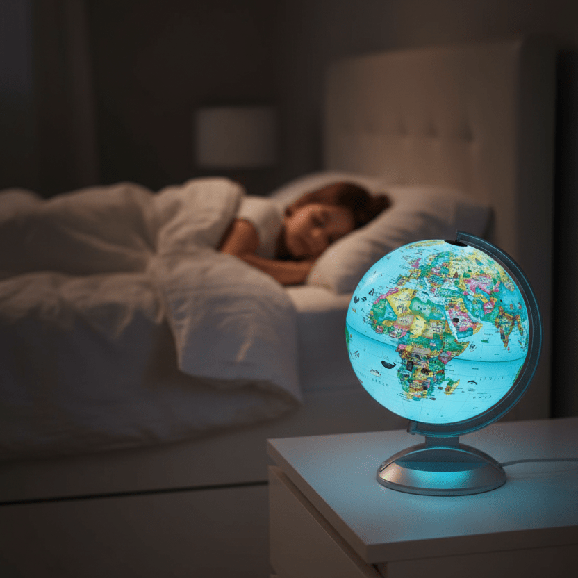 Replogle Globe 4 Kids glowing as a nightlight in a cozy child's bedroom.