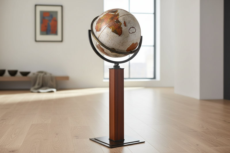 A premium Replogle floor globe (Landen model) representing the full Replogle Globes collection, featuring signature blue ocean raised relief maps and handcrafted wood stands.