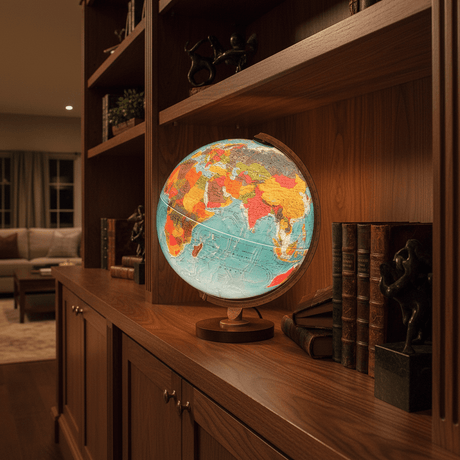 Illuminated Replogle Livingston 12-inch globe glowing brightly on a wooden built-in bookshelf in a dimly lit living room at night.
