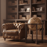 Waypoint San Marino 20-inch globe standing next to a leather chesterfield chair in a library.